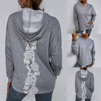 Fashion Solid Color Long Sleeve Hooded Lace Spliced Sweatshirt
