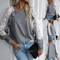 Fashion Lace Spliced Long Sleeve Round Neck Stringy Selvedge T-shirt