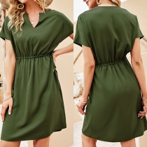 Fresh Style Short Sleeve V-neck Elastic Drawstring Waist Solid Color Dress