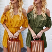 Sexy Off-shoulder Short Sleeve Elastic Waist Solid Color Sling Romper