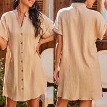 Casual Style Short Sleeve V-neck Single-breasted Loose Dress