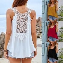 Fashion Solid Color Sleeveless U-neck Lace Spliced Loose Chiffon Top
