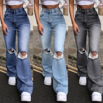 Fashion High Waist Hollow Out Ripped Flared Pants Jeans
