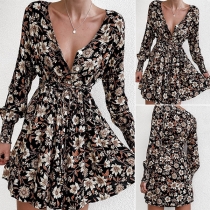 Sexy Deep V-neck Long Sleeve Drawstring Waist Printed Dress