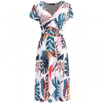 Sexy V-neck Short Sleeve High Waist Printed Calf-length Dress
