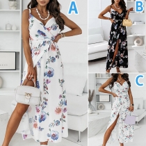 Sexy Backless V-neck Slit Hem High Waist Sling Printed Dress