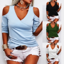 Sexy Off-shoulder Long Sleeve V-neck Crossover Hem Solid Color T-shirt