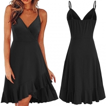 Sexy Backless V-neck Ruffle Hem Solid Color Sling Dress