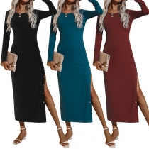 Elegant Solid Color Long Sleeve Round Neck Slit Hem Slim Fit Dress