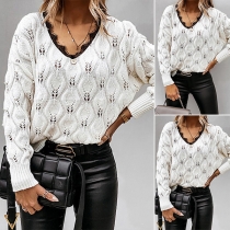 Fashion Lace Spliced V-neck Long Sleeve Loose Sweater