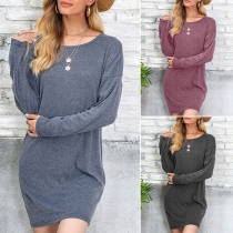 Fashion Solid Color Long Sleeve Round Neck Dress with Waistband