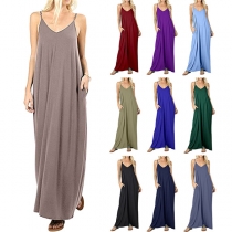 Casual Style Backless High Waist Front-pocket Sling Maxi Dress