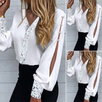 Fashion Lace Spliced V-neck Slit Long Sleeve Solid Color Blouse