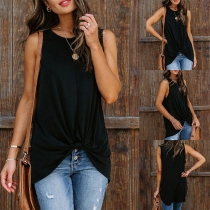 Fashion Solid Color Sleeveless Round Neck Twisted Hem Tank Top