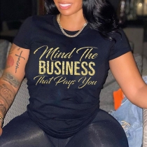 Casual Style Gold Letters Printed Short Sleeve Round Neck T-shirt