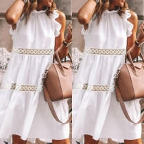 Sweet Style Sleeveless Ruffle Stand Collar Solid Color Dress