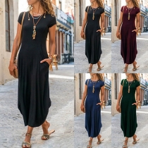 Fashion Solid Color Short Sleeve Round Neck Arc Hem Dress