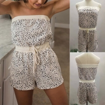 Sexy Strapless Drawstring High Waist Leopard Printed Romper