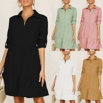 OL Style Long Sleeve POLO Collar Single-breasted Shirt Dress