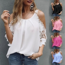 Sexy Off-shoulder Lace Spliced Half Sleeve Round Neck Solid Color Blouse