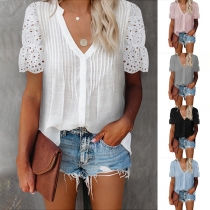 Fashion Hollow Out Lace Spliced Short Sleeve V-neck Solid Color Top