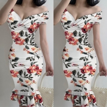 Sexy V-neck Short Sleeve Ruffle Hem Slim Fit Printed Dress