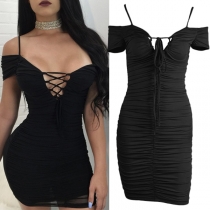 Sexy Lace-up Deep V-neck Solid Color Slim Fit Dress