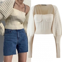 Sexy Chain Sling Crop Top + Long Sleeve Cardigan Knit Two-piece Set