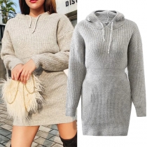 Fashion Solid Color Long Sleeve Drawstring Hooded Slim Fit Knit Dress