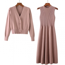 Fashion Solid Color Sleeveless Knit Dress + Long Sleeve Cardiagn Two-piece Set