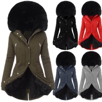 Fashion Solid Color Faux Fur Spliced Long Sleeve Hooded Slim Fit Padded Coat