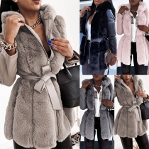 Fashion Faux Fur Spliced Long Sleeve Hooded Coat with Waist Strap