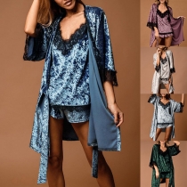 Sexy Backless V-neck Lace Spliced Sling Top + Shorts + Robe Nightwear Three-piece Set
