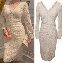 Sexy Backless V-neck Long Sleeve Slim Fit Beaded Lace Dress