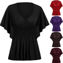 Fashion Dolman Sleeve V-neck Elastic Waist Solid Color T-shirt