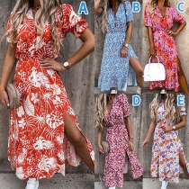Sexy V-neck Short Sleeve Slit Ruffle Hem High Waist Printed Summer Dress
