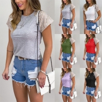 Fashion Sequin Spliced Short Sleeve Round Neck T-shirt