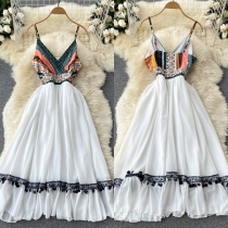 Bohemian Style Backless V-neck High Waist Printed Spliced Sling Dress