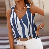 Fashion Sleeveless V-neck Knotted Stripe Tank Top