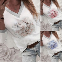 Fashion Contrast Color Long Sleeve V-neck Printed T-shirt