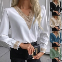 Fashion Lace Spliced V-neck Long Sleeve Blouse