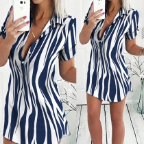 OL Style Short Sleeve POLO Collar Stripe Shirt Dress