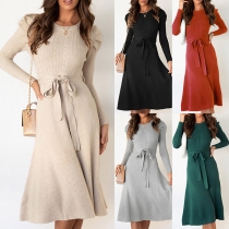 Fashion Solid Color Long Sleeve Round Neck Knit Dress with Waist Strap