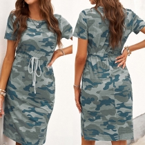 Fashion Short Sleeve Round Neck Drawstring Waist Camouflage Printed Dress