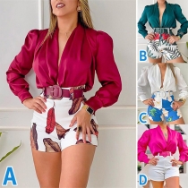 Fashion Long Sleeve POLO Collar Printed Shirt + Elastic Waist Shorts Two-piece Set
