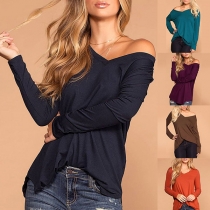 Simple Style Long Sleeve V-neck Solid Color Loose T-shirt