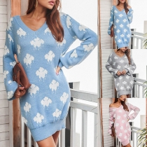 Fashion Lantern Sleeve V-neck Printed Sweater Dress