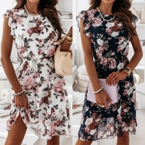 Sweet Style Ruffle Cuff Sleeveless Round Neck Printed Chiffon Dress