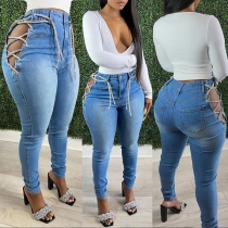 Sexy Side Hollow Out Lace-up High Waist Slim Fit Jeans