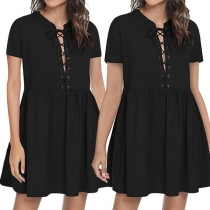 Fashion Short Sleeve Lace-up V-neck Black Dress